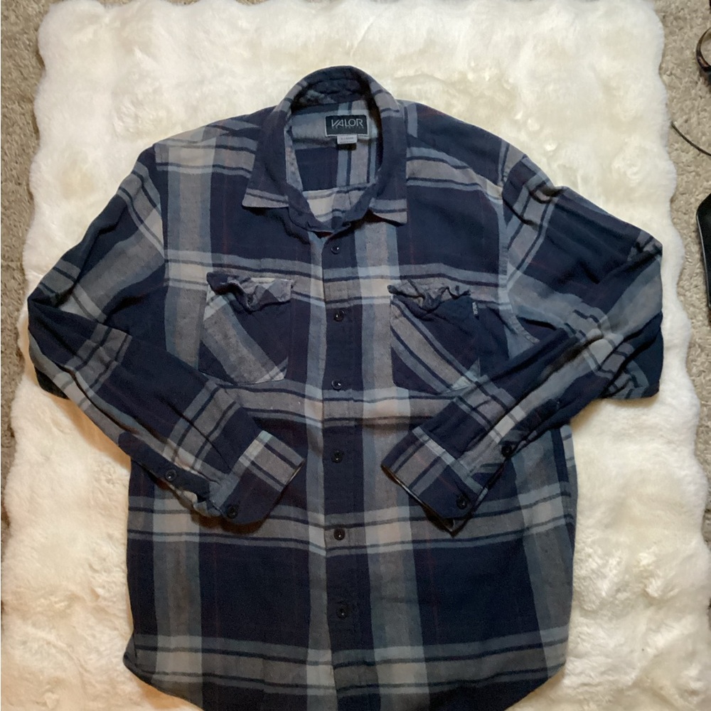 Navy and Gray Plaid Button-Up Shirt